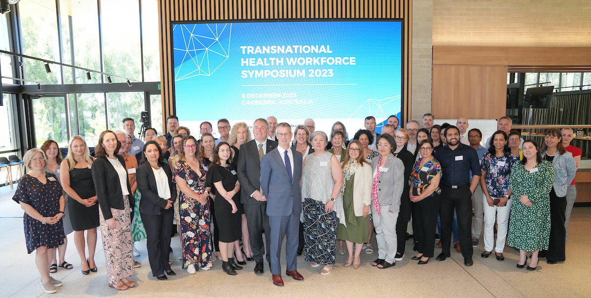Group photo from the Inaugural Transnational Health Workforce Symposium. Images: Tracey Nearmy/ANU Group photo from the Inaugural Transnational Health Workforce Symposium. Images: Tracey Nearmy/ANU