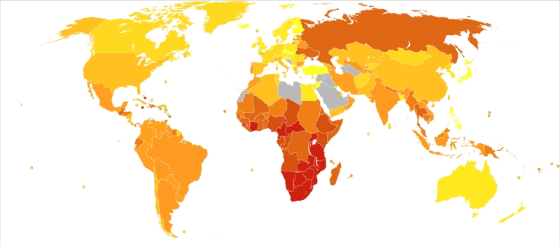 A color-coded world map depicting varying data categories across different countries.