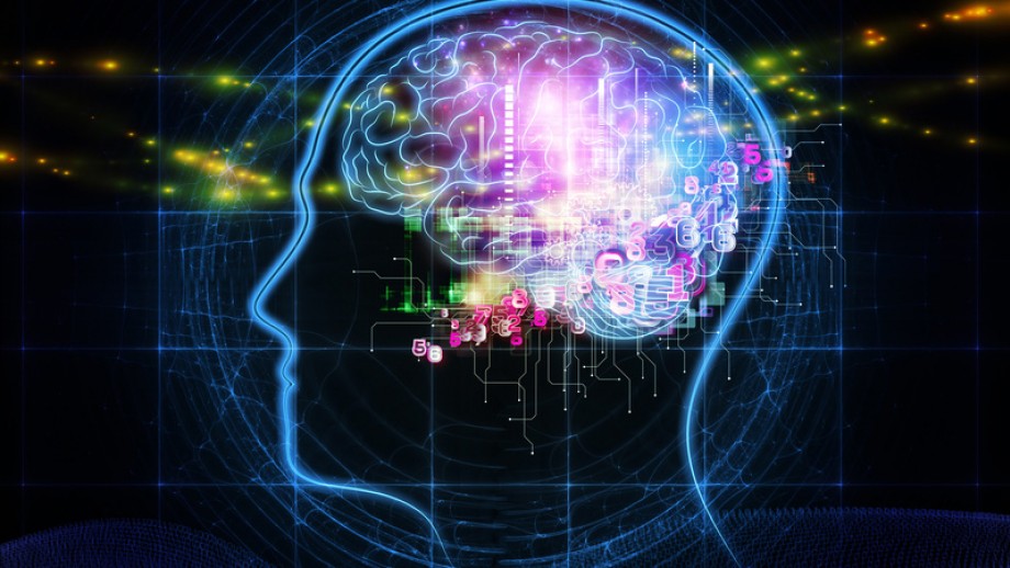A digital illustration of a human head with a glowing, colorful brain, depicting circuits and numerical data, symbolizing advanced technology and brain activity.