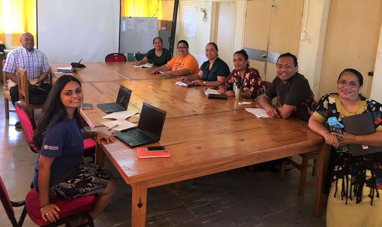 Dr Meru Sheel (front left) working with colleagues from the Tonga Ministry of Health on their COVID-19 preparedness activities. Credit: Dr Yutaro Setoya, WHO Country Office, Tonga.