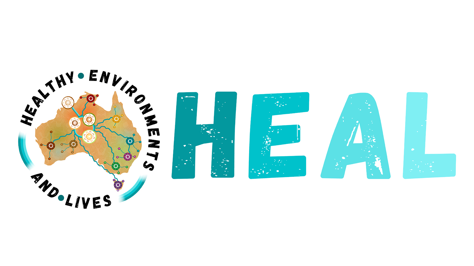 Illustration of a map of Australia with colorful connections and the phrase "Healthy Environments And Lives HEAL" in large, teal letters.