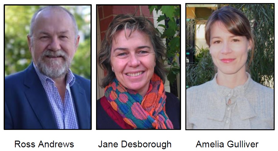 Three headshots of individuals, from left to right: a man with a beard, a woman with a colorful scarf, and a woman with short hair.