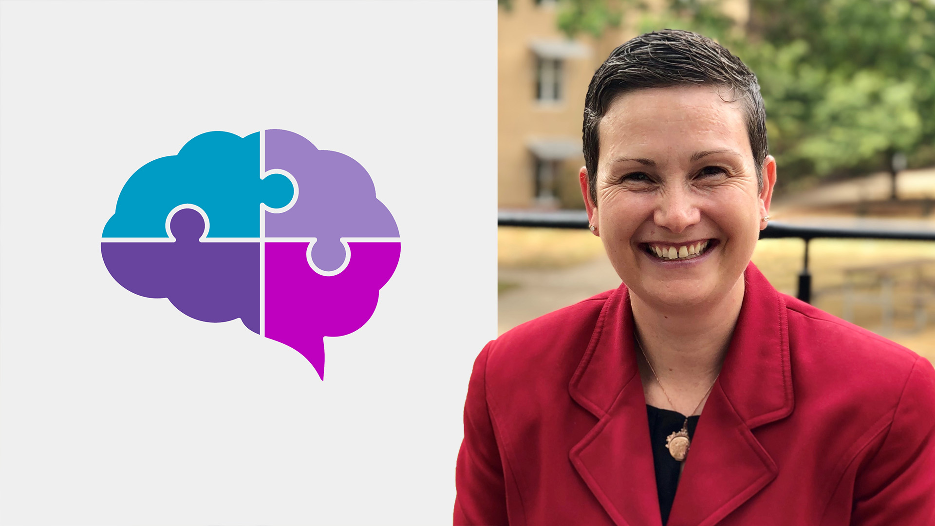 Split image: on the left, a stylized brain graphic divided into four colored puzzle pieces; on the right, a smiling woman in a red blazer outdoors.