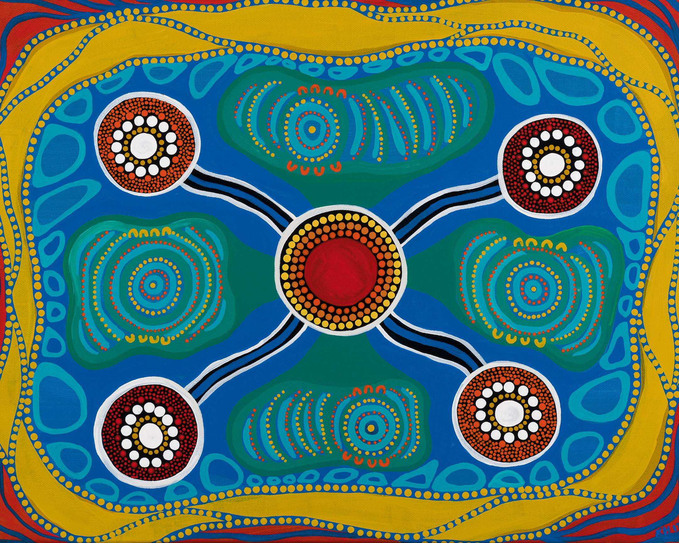 Abstract Indigenous Australian art featuring vibrant circular patterns and winding paths in blue, red, yellow, and green.