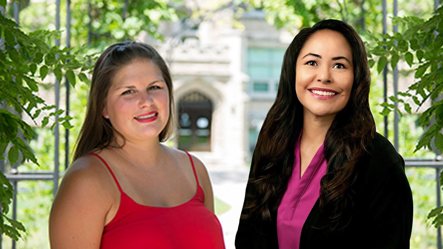 Two women smiling in front of a college building, one in a red tank top, the other in a black blazer and pink blouse.