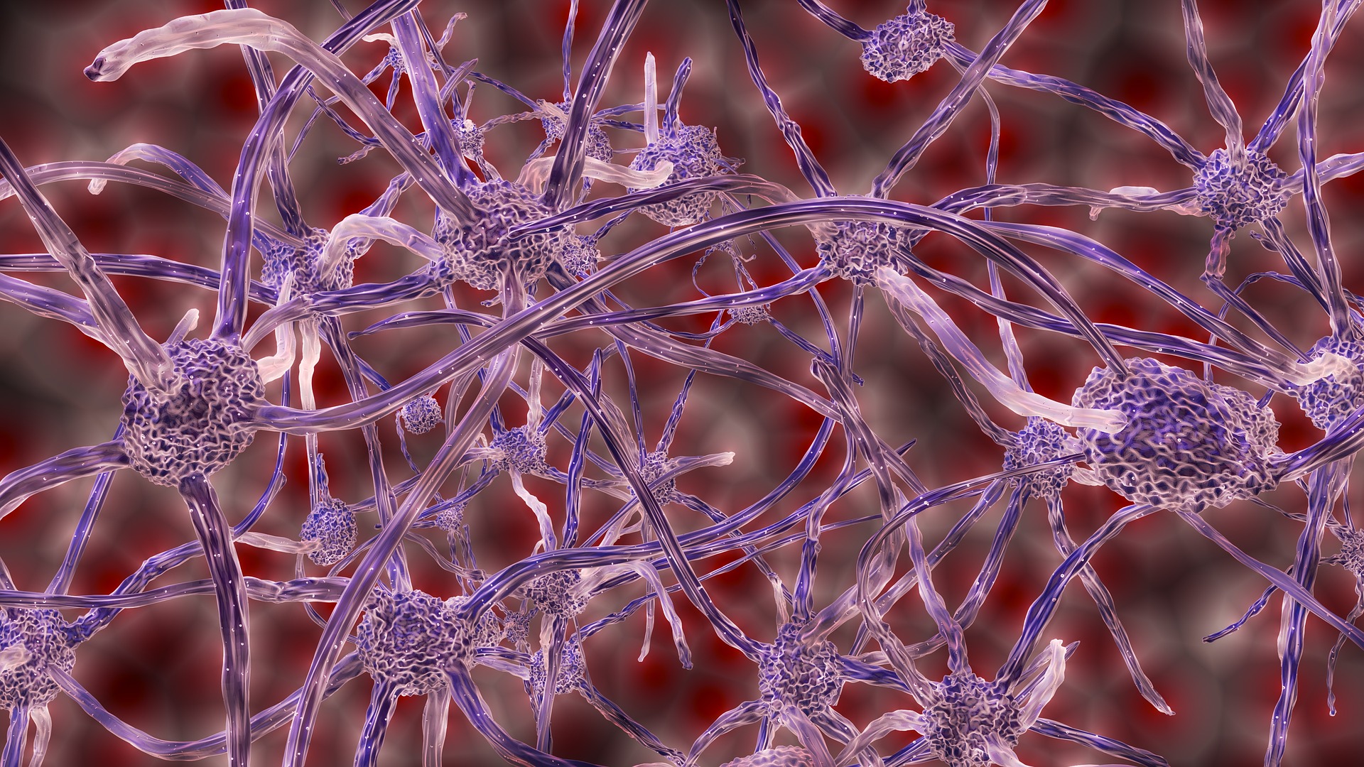 A digital illustration of purple and blue neuron-like structures interconnected against a blurred red background.