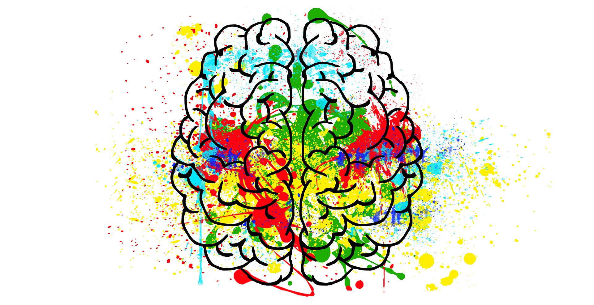 Illustration of a human brain outlined with colorful paint splatters in red, blue, green, and yellow on a white background.