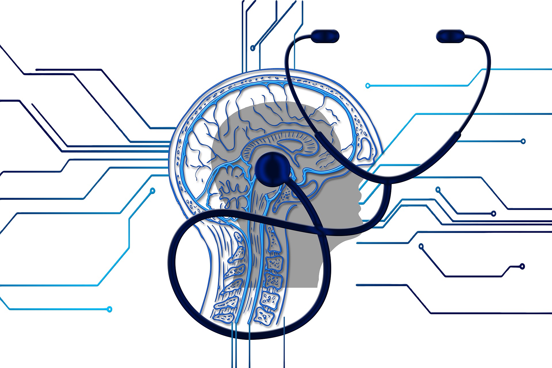 An illustration depicting a human brain intertwined with a stethoscope against a backdrop of digital circuit patterns in blue and white.