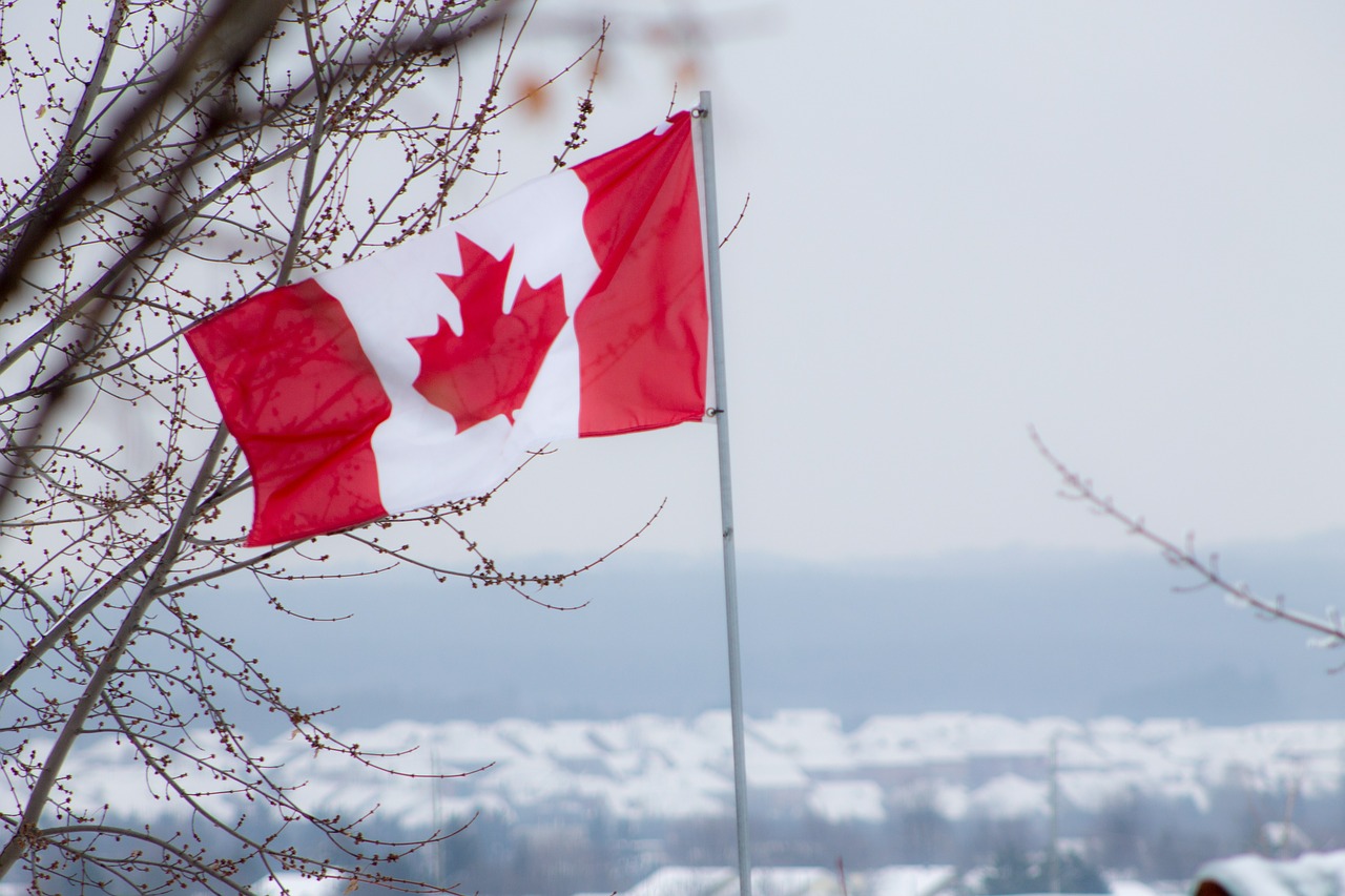 A Canadian flag flutters on a pole against a backdrop of a snowy landscape and cloudy skies.
