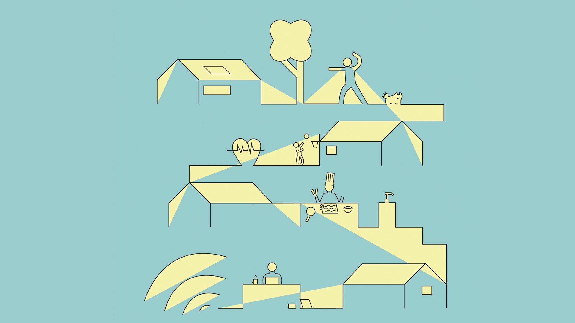 An illustration showing various human-like figures engaging in different activities like farming, cooking, and exercising in a flat, stylized landscape divided into abstract, geometric sections.