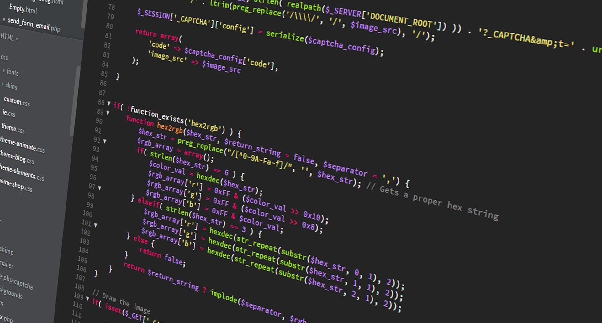 A computer screen displaying multi-colored code from a web development project.