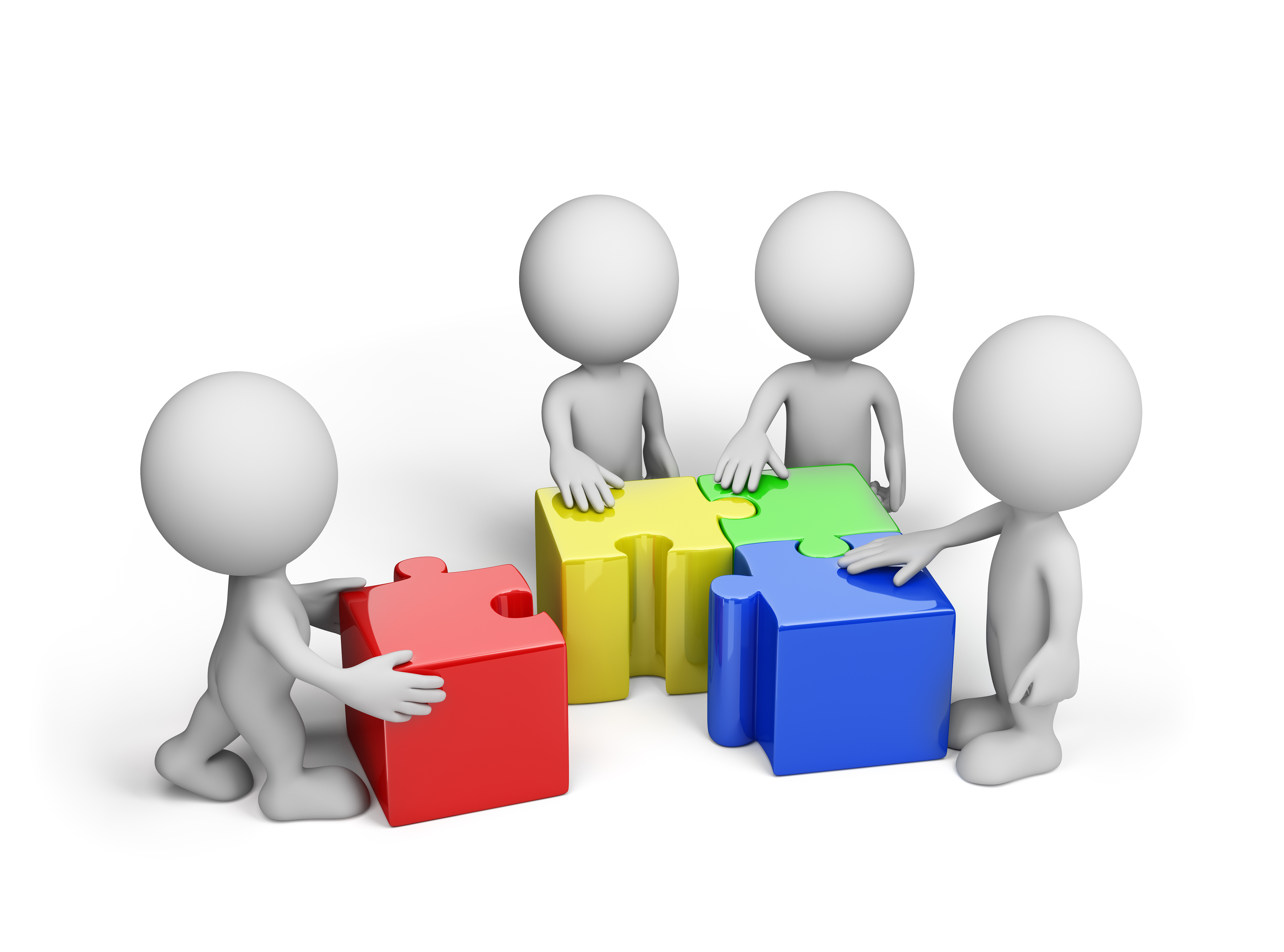 Four 3D cartoon figures assembling large puzzle pieces in red, yellow, green, and blue.