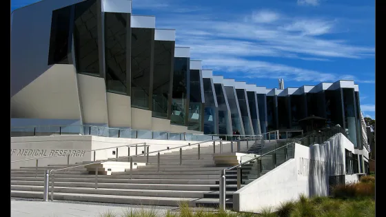 Modern architectural building of a medical research institute with reflective glass and geometric white panels under a blue sky.