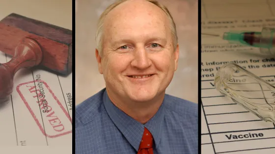 A collage featuring a rubber stamp on a social security form, the headshot of a smiling older man, and a vaccine registration form with a syringe and vial.