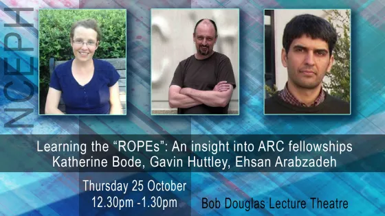 Promotional poster featuring three speakers for an event on ARC fellowships at the Bob Douglas Lecture Theatre, with date and time information.