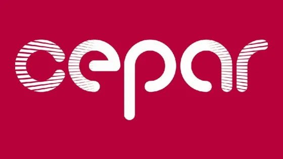 Logo with the text "cepar" designed with white striped patterns on a red background.