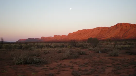 A view of a rugged, reddish mountain range glowing under the sunset in a vast, arid landscape with sparse vegetation under a clear sky.