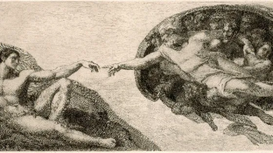 An etching depicting God giving life to Adam, with both figures extending their fingers towards each other, based on Michelangelo's creation scene on the Sistine Chapel ceiling.