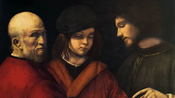 Three individuals of varied ages, depicted in a Renaissance painting, engage in silent contemplation while one of them points at a small piece of paper.