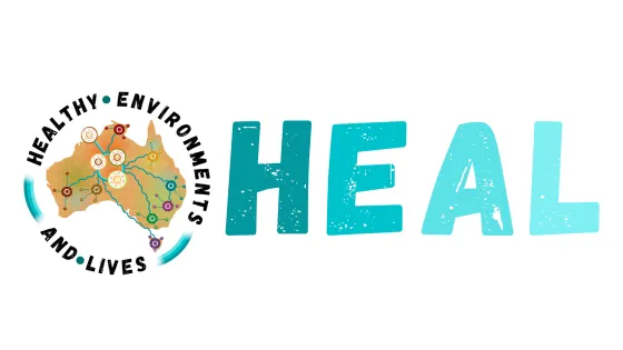 Illustration of a map of Australia with colorful connections and the phrase "Healthy Environments And Lives HEAL" in large, teal letters.