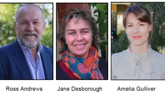 Three headshots of individuals, from left to right: a man with a beard, a woman with a colorful scarf, and a woman with short hair.