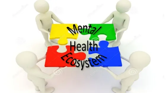 Three featureless figures assemble a puzzle labeled "Mental Health Ecosystem."