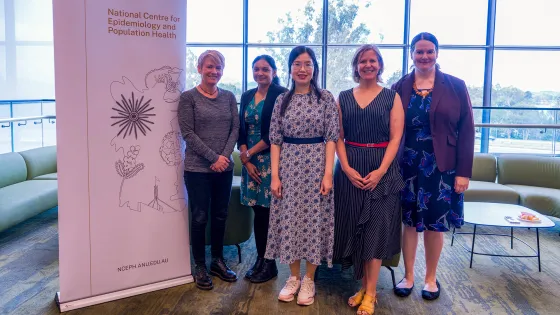 Left to right: Dr Zoe Leviston (2022 McMichael Awardee), A/Prof Aparna Lal (Director of The McMichael Award), Dr Yen Le (2024 McMichael Awardee), A/Prof Amy Dawel and Dr Annabel Dulhunty (2023 McMichael Awardees). Image: Calo Huang