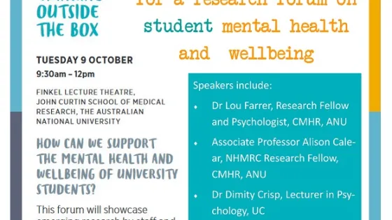 Flyer for a mental health research forum at the Australian National University, featuring four diverse, joyful people holding speech bubbles above their heads.