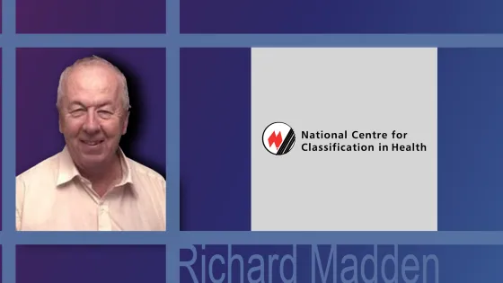 Image displaying an elderly man smiling on the left side, alongside the logo of the National Centre for Classification in Health on the right side under the name "Richard Madden".