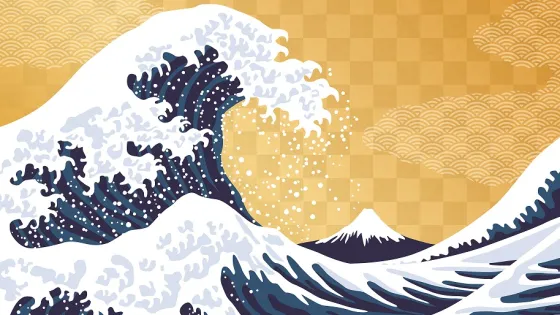 Illustration of a stylized wave in a Japanese ukiyo-e style, featuring intricate details and patterns, against a golden background with a distant mountain peak.