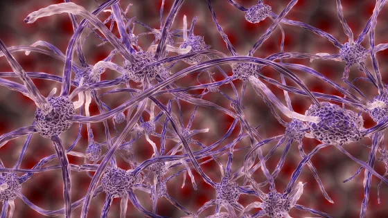 A digital illustration of purple and blue neuron-like structures interconnected against a blurred red background.