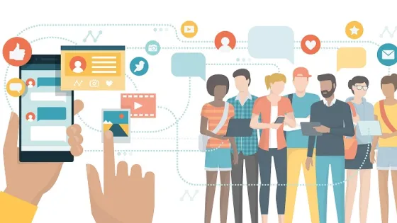 An illustration showing a diverse group of people using various digital devices connected by social media and communication icons.