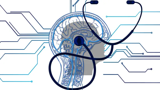 An illustration depicting a human brain intertwined with a stethoscope against a backdrop of digital circuit patterns in blue and white.