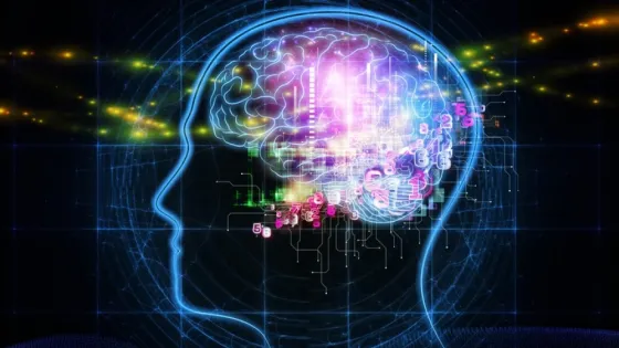 Digital illustration of a human head silhouette with a glowing, colorful brain, depicting circuits and numbers, symbolizing artificial intelligence and digital thought processes.