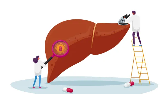 Three scientists examine a giant liver with Bitcoin symbols, using a magnifying glass and a microscope.