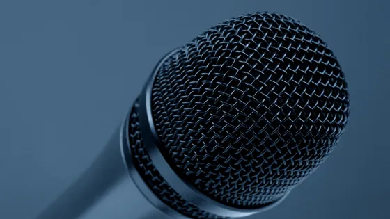 Close-up of a microphone with a detailed mesh grille on a gray background.