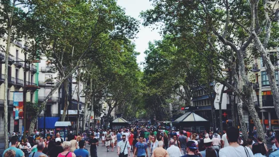A bustling pedestrian street lined with trees and surrounded by traditional European buildings, filled with a diverse crowd of people.