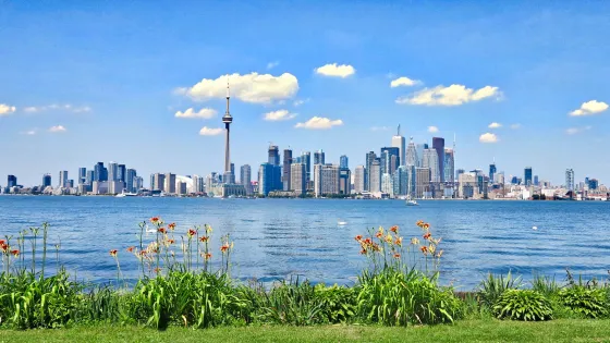 A scenic view of a city skyline featuring modern high-rise buildings and a tall tower, with a foreground of bright flowers and a large body of water.