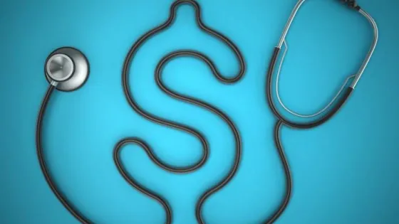 A stethoscope shaped like a dollar sign on a blue background, symbolizing the cost of healthcare.