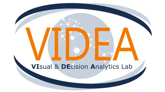Logo of VIDEA, the Visual & Decision Analytics Lab, featuring stylized text and molecular models within an oval design.