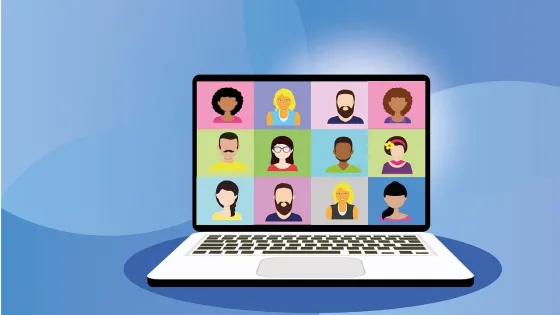 Laptop screen displaying a video call with diverse animated avatars of fifteen people.