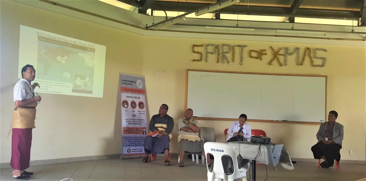 Dr Joseph Takai from the Tonga Ministry of Health providing COVID-19 situation update at a public information session. Credit: Dr Meru Sheel.