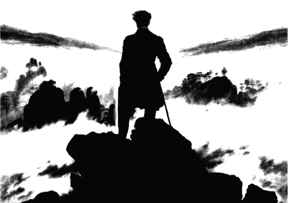 A silhouette of a person standing with a cane on a rocky outcrop, overlooking a misty landscape.