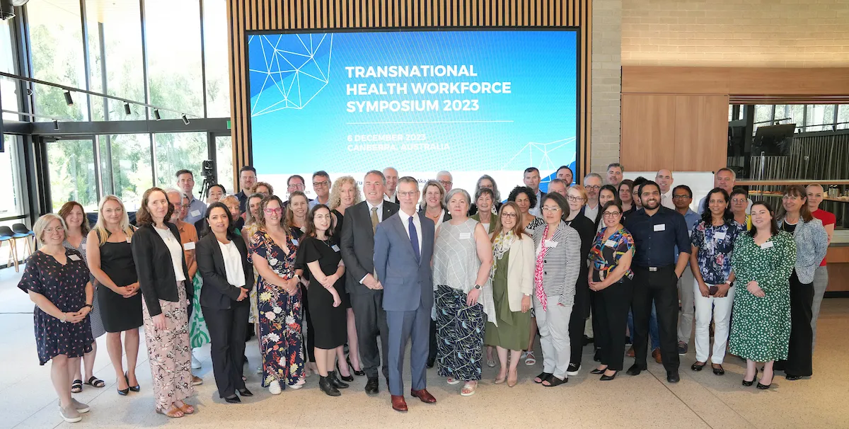 Group photo from the Inaugural Transnational Health Workforce Symposium. Images: Tracey Nearmy/ANU