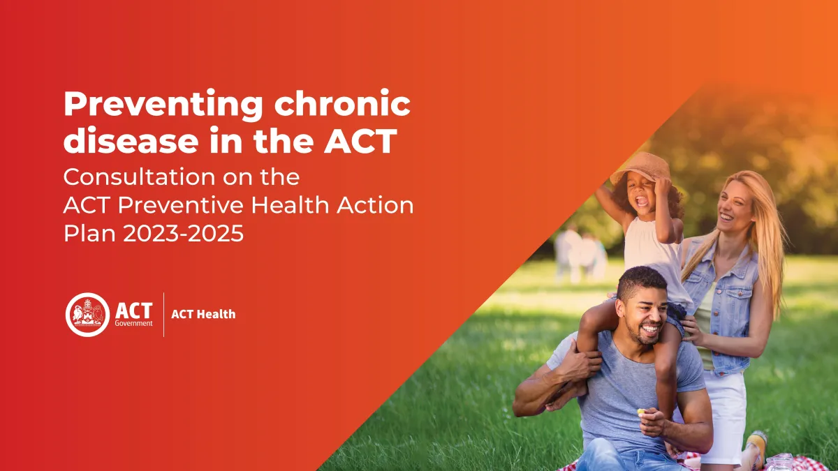 "Promotional graphic for ACT Preventive Health Action Plan 2023-2025, featuring a joyful family picnicking in a sunny park."