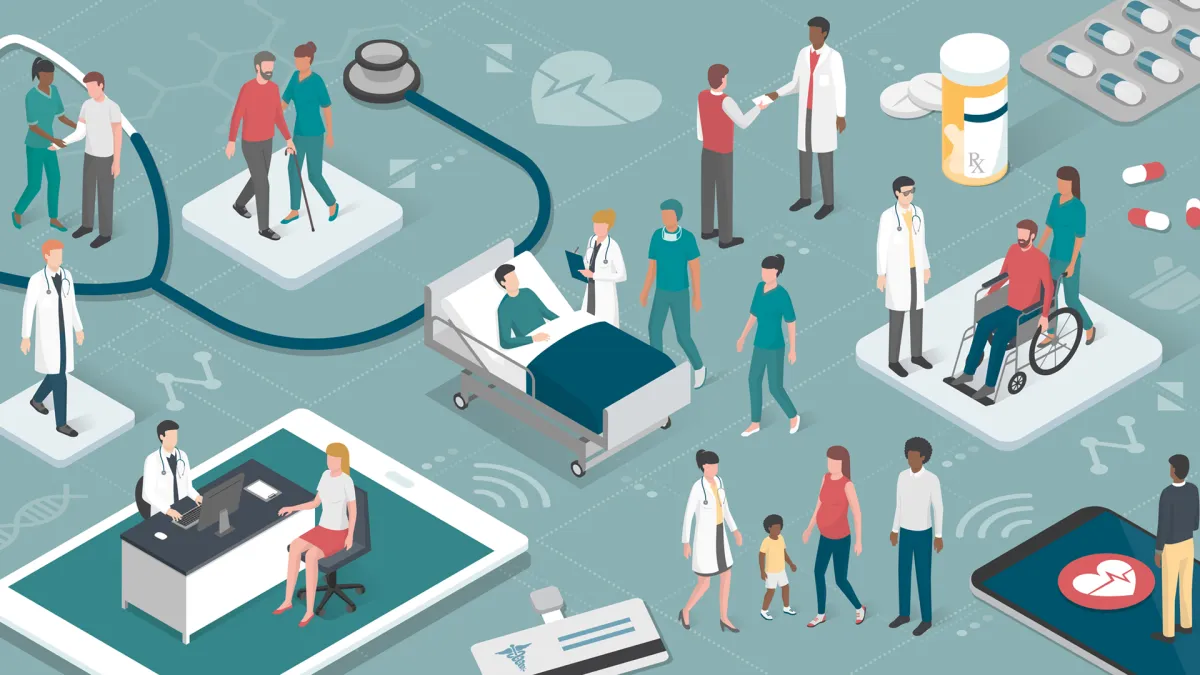 An isometric illustration depicting various activities in a healthcare setting, with doctors, nurses, and patients interacting and medical equipment visible.