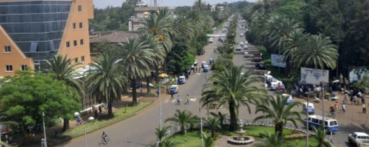 Aerial view of a busy street lined with palm trees and surrounded by modern buildings in a city.