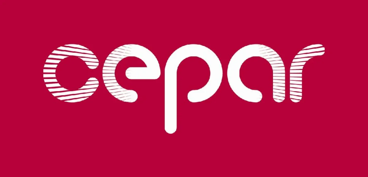 Logo with the text "cepar" designed with white striped patterns on a red background.