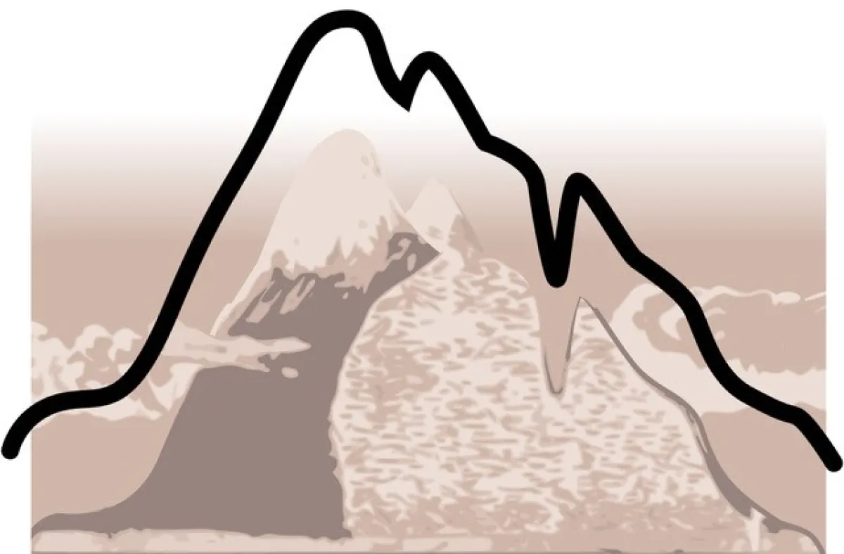 A stylized graphic of mountain peaks in shades of brown and beige.