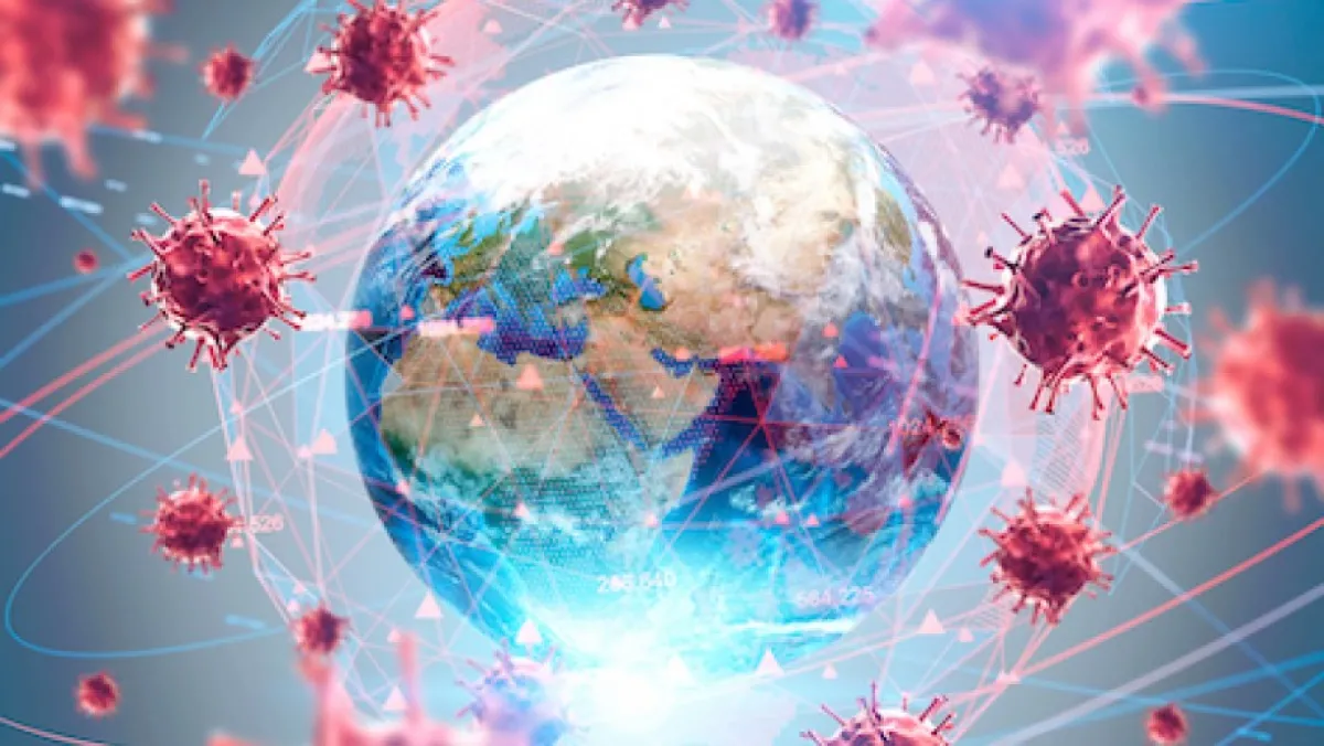 A digital illustration of a globe surrounded by red virus particles and interconnected network lines representing global connectivity and pandemic spread.